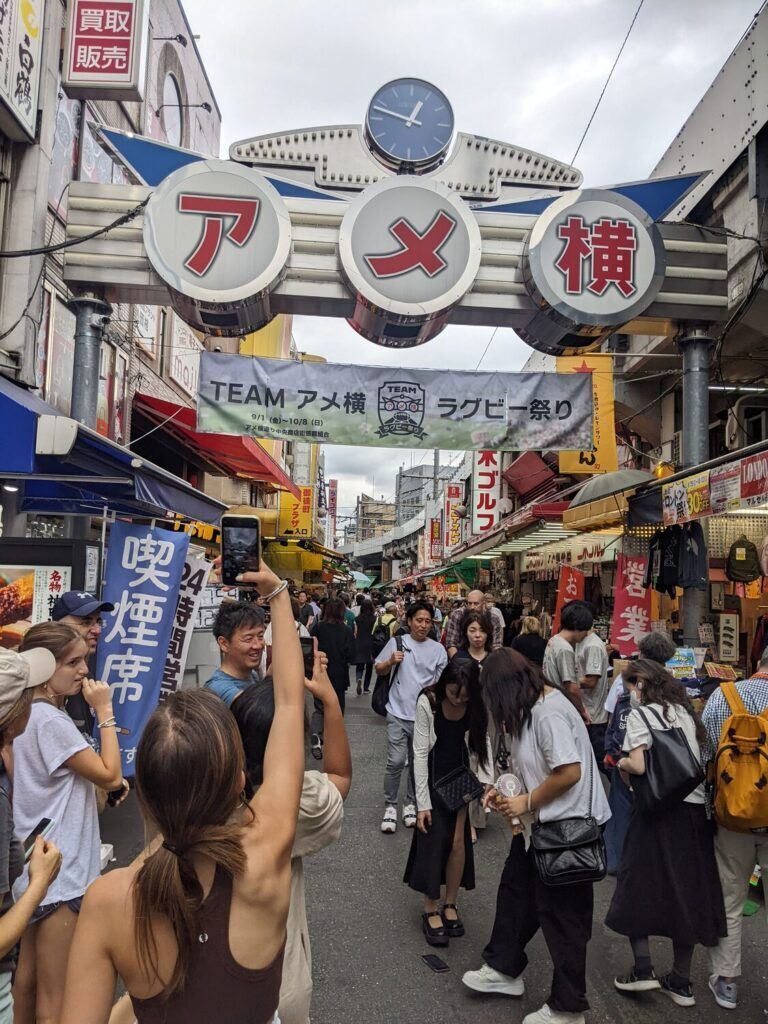 View of the vibrant Ameyoko Shopping District in Tokyo, bustling with numerous shops and people, ideal for dining and shopping experiences.
