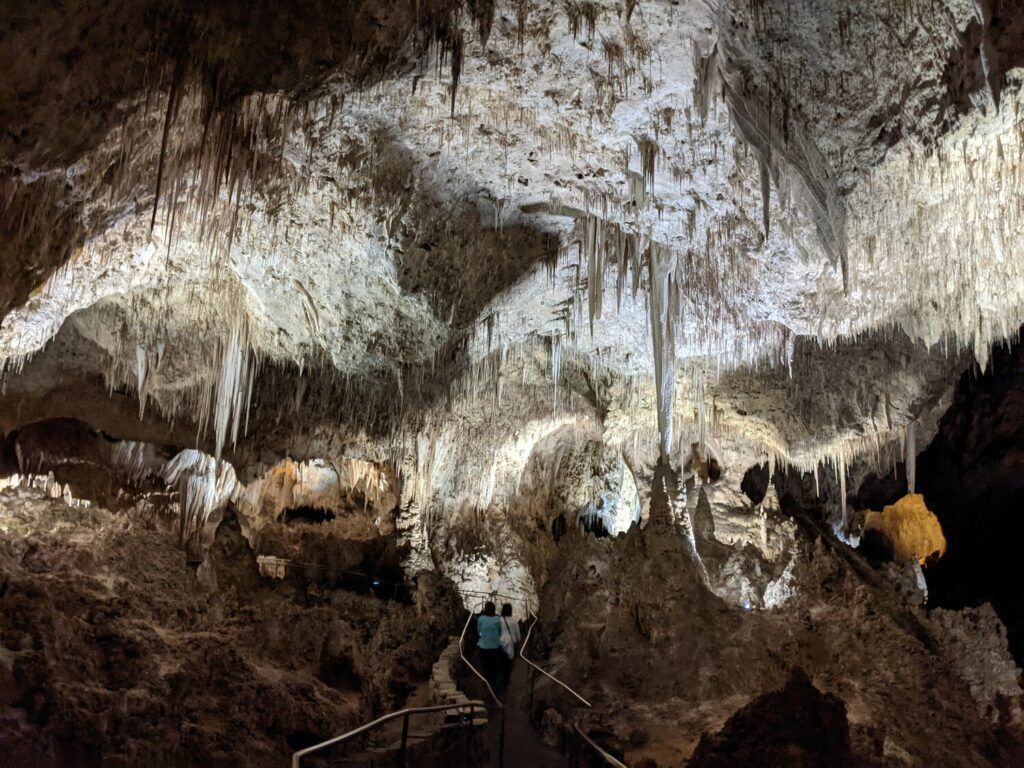 A large, illuminated cavern with stalactites and stalagmites, showcasing intricate natural formations in Carlsbad Caverns